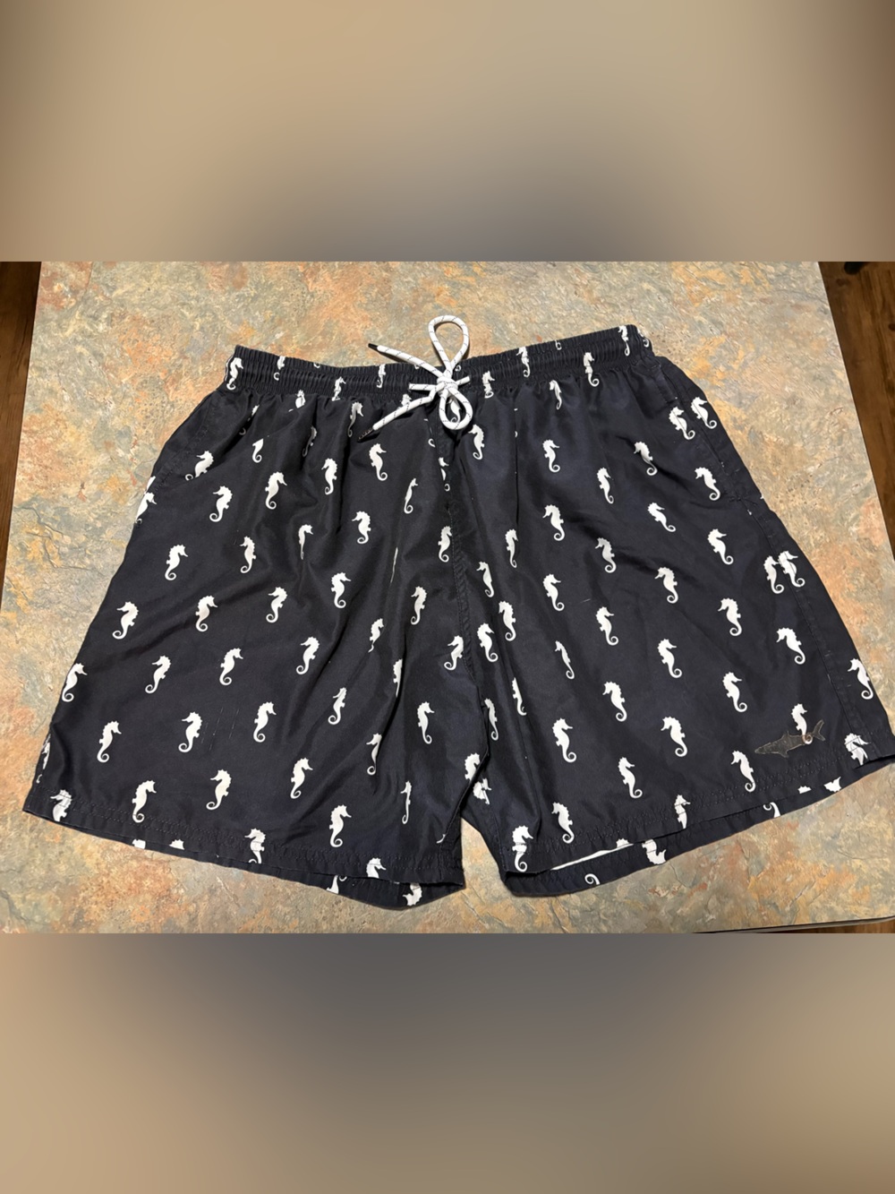 UZZI swim shorts with lining removed, navy blue with white seahorses